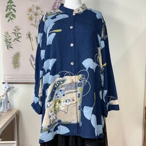 Citron Blue Silk Asian Fans Floral Lightweight Button Up Blouse Top Lagenlook 1X